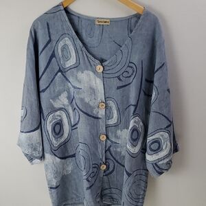 Tera Bora Italian Ladies Blue Lagenlook 100% Linen Button Tunic Top Size XL